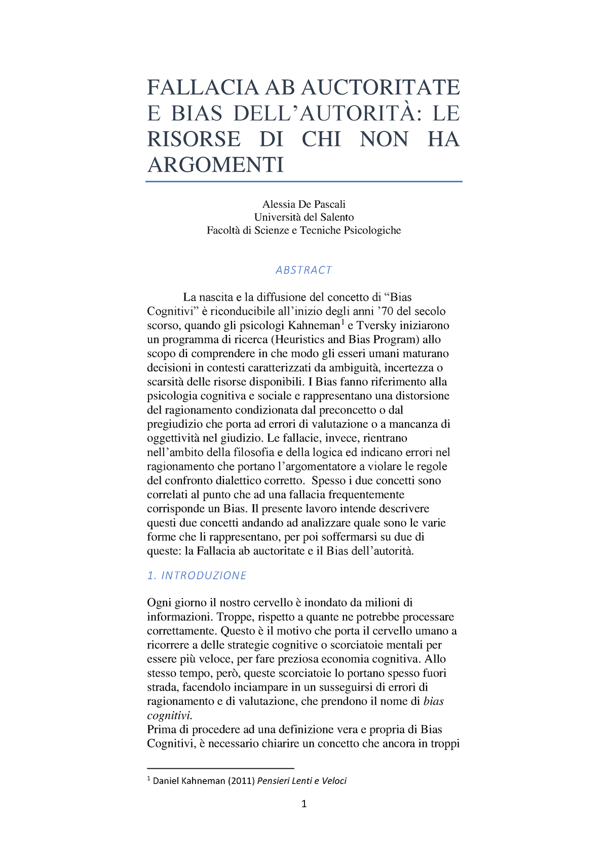 Pensieri lenti e veloci [Abstract]