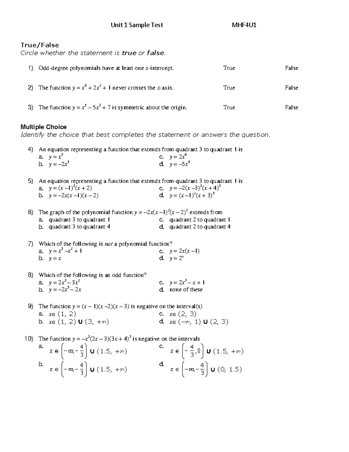 MHF4U Unit 1 Practice Test - True/False Circle whether the statement is ...