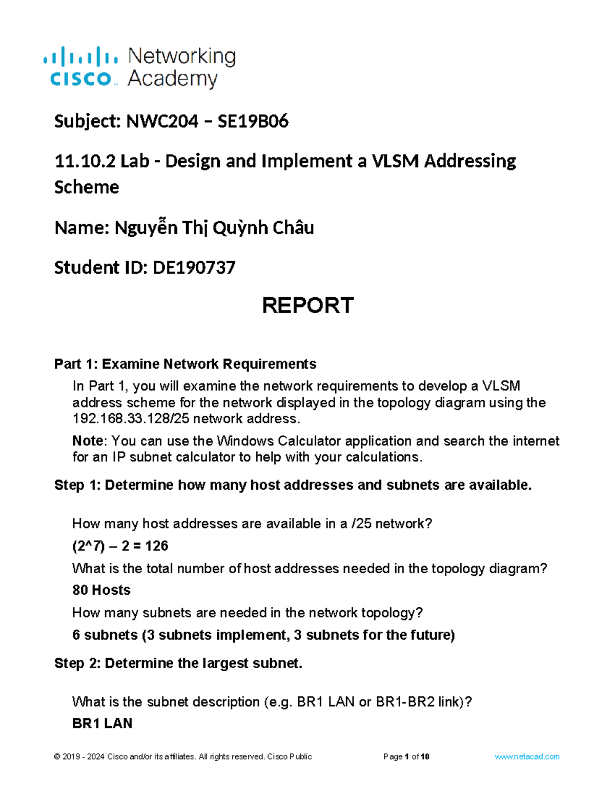 11.10.2 Lab Design and Implement a VLSM Addressing Scheme Subject