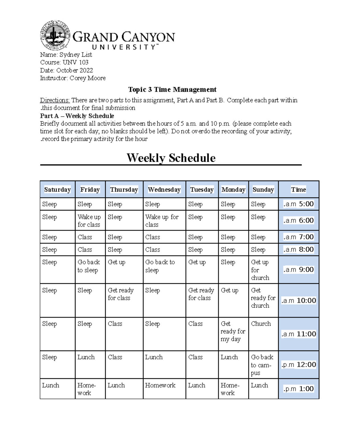 Unv 103 Rs T3 Time Management Name Sydney List Course Unv 103 Date
