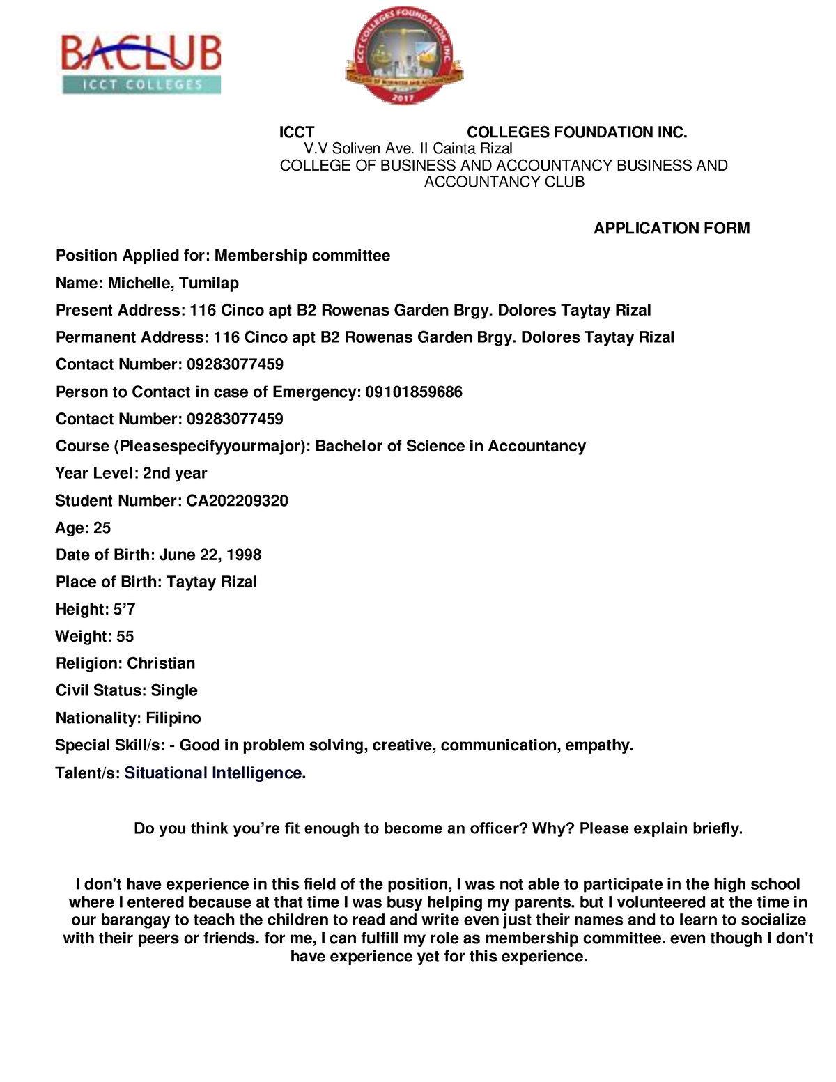 Aplication Form - Activity - ICCT COLLEGES FOUNDATION INC. V Soliven ...