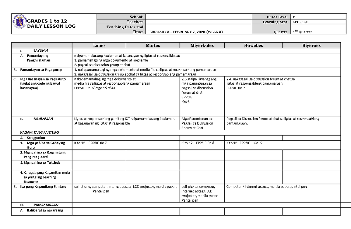 Grade 5 DLL EPP 5 Q4 Week 3 - GRADES 1 to 12 DAILY LESSON LOG School ...