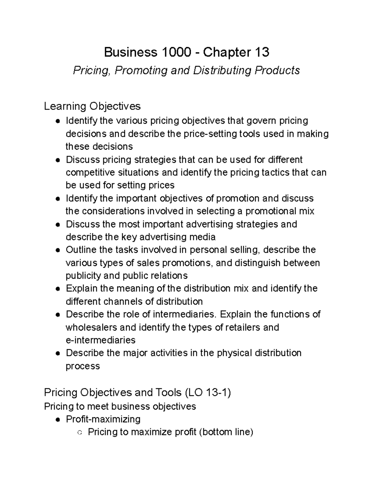 Business 1000 - Chapter 13 - Business 1000 - Chapter 13 Pricing ...
