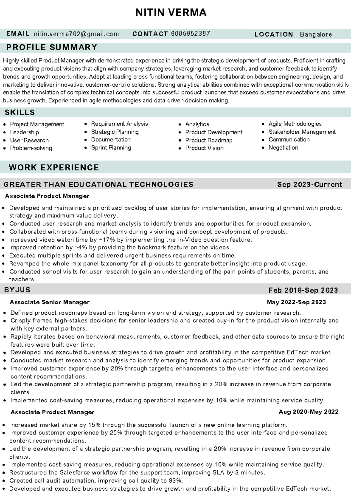 Ntin Verma Resume - Sample CV - SKILLS Analytics Product Development ...