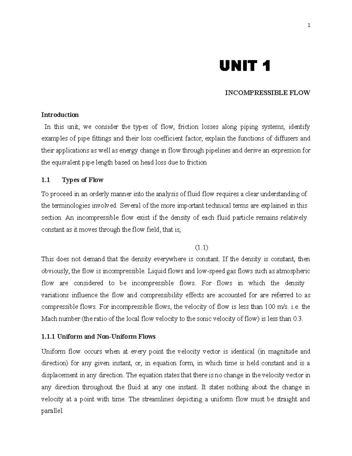 Fluid MECH UBA 1 - good - UNIT 1 INCOMPRESSIBLE FLOW Introduction In ...