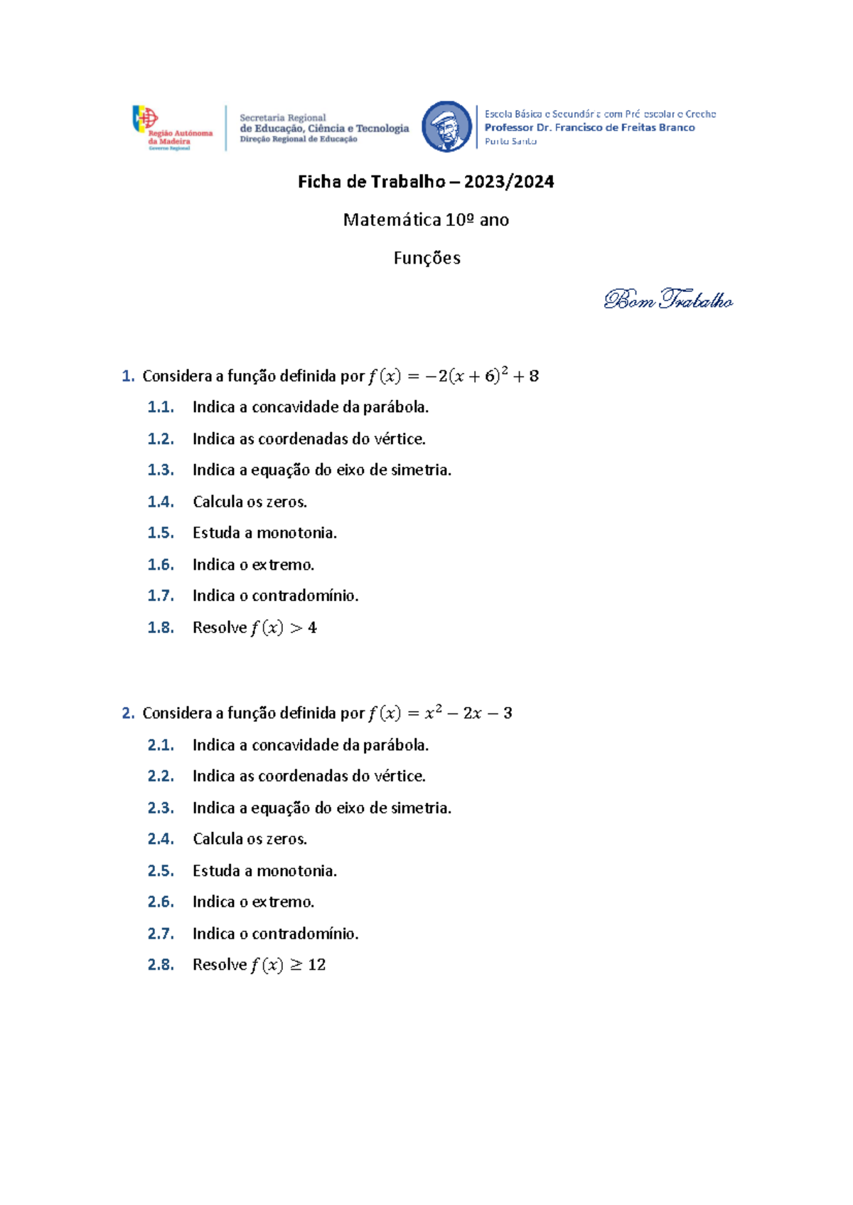 Ficha Funções 10 Ano Ficha De Trabalho 2023 Matemática 10 º Ano