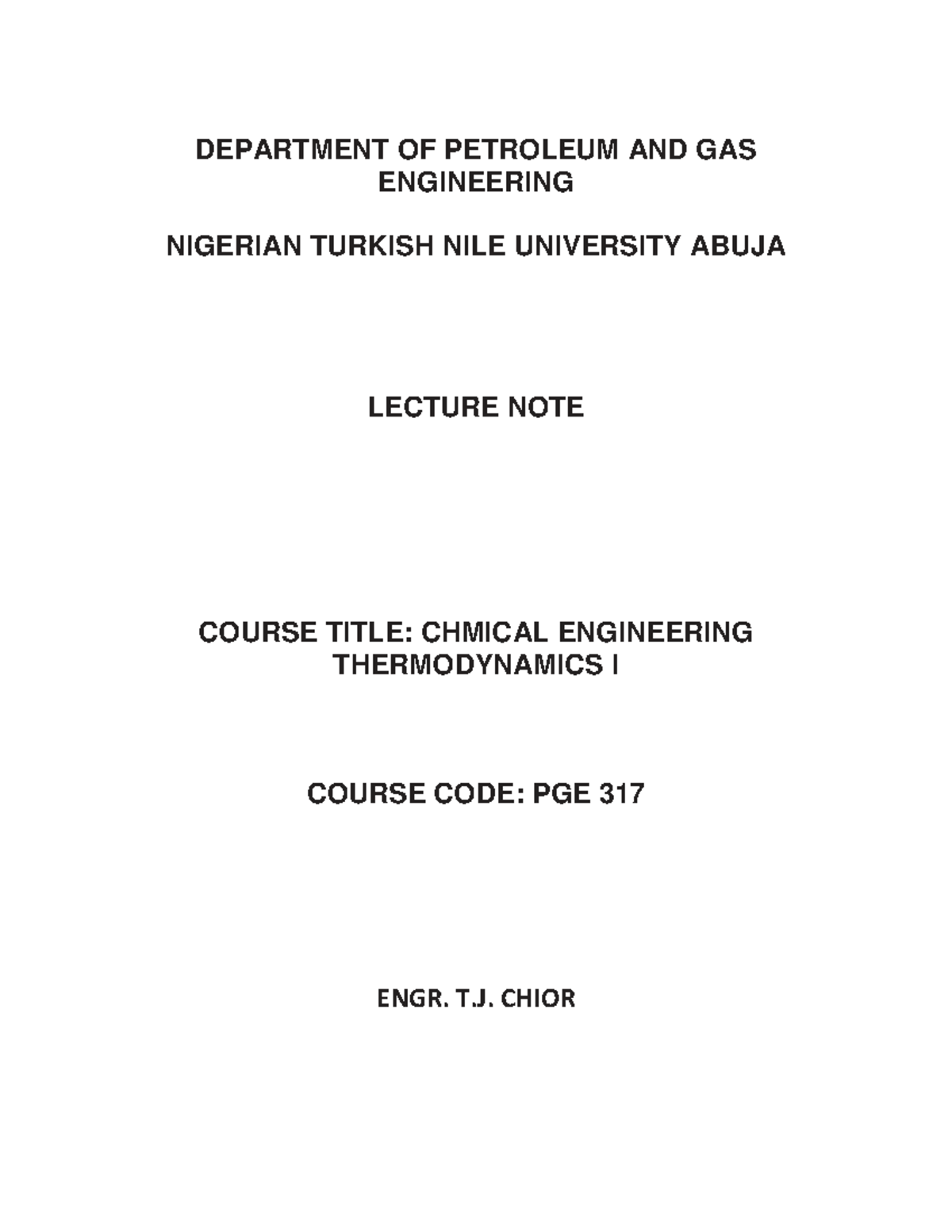 Chemical ENG'G Thermodynamics Lecture Notes DEPARTMENT OF PETROLEUM