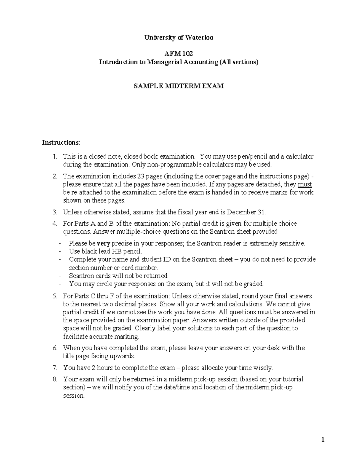 Midterm 2016, questions and answers - University of Waterloo AFM 102 ...