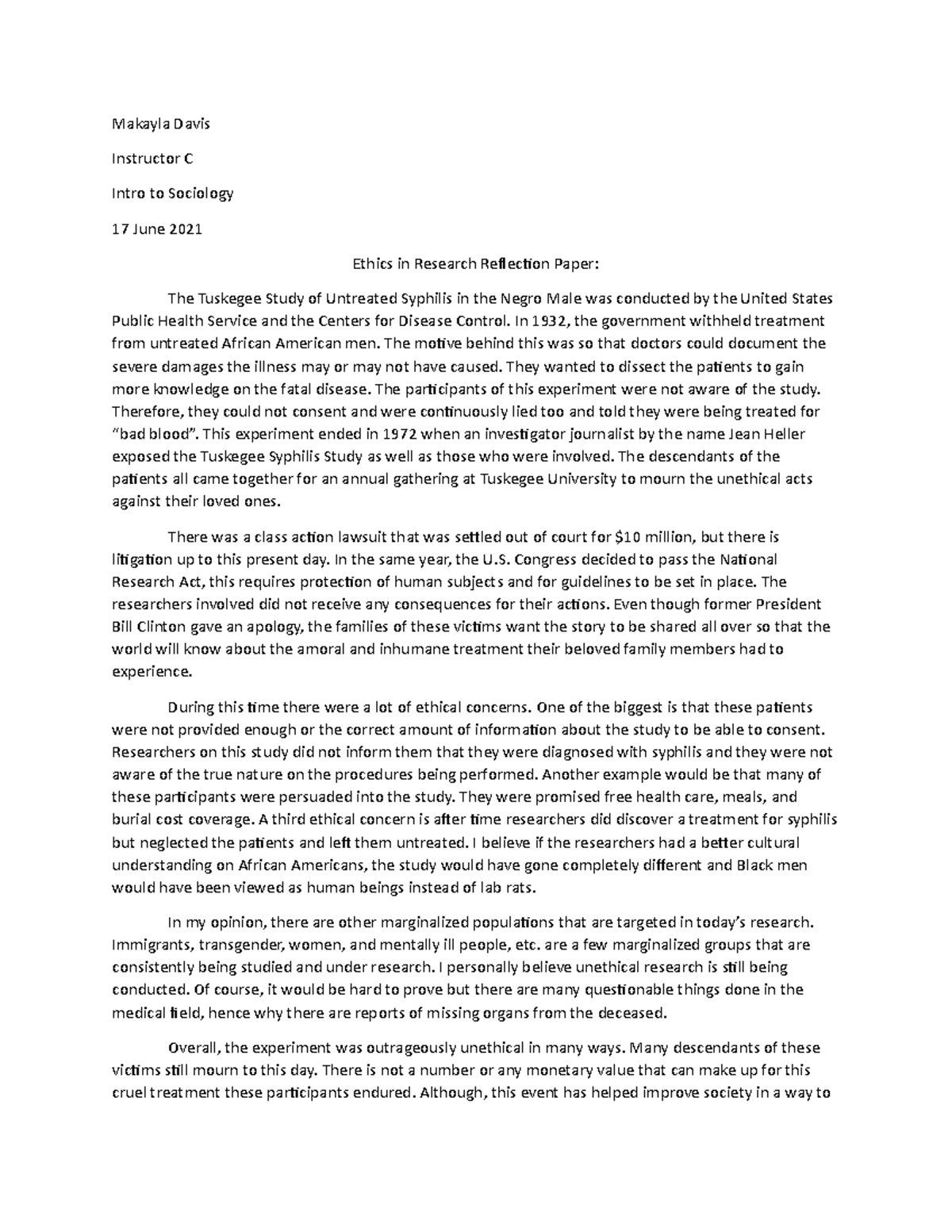 Unit 2 - Ethics in Research Reflection Paper - Makayla Davis Instructor ...