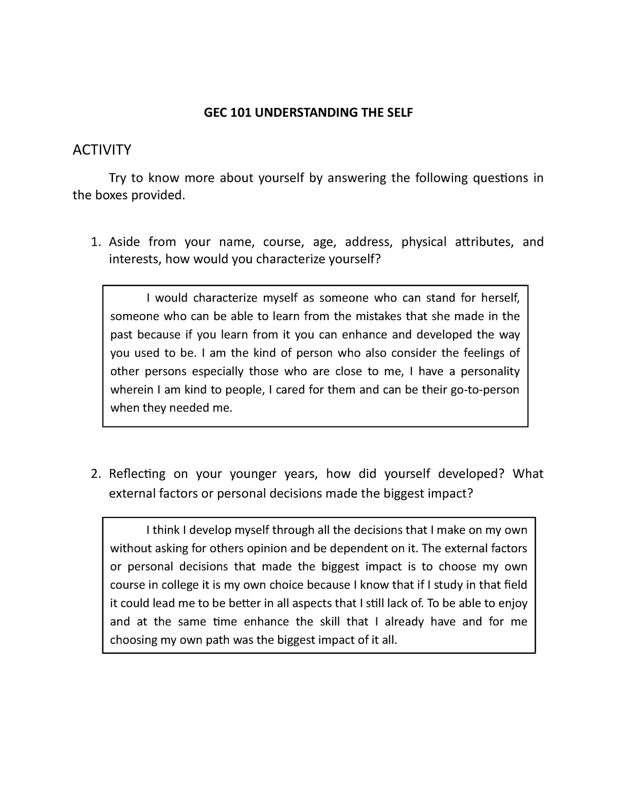 GEC101 Understanding THE SELF - GEC 101 UNDERSTANDING THE SELF ACTIVITY ...