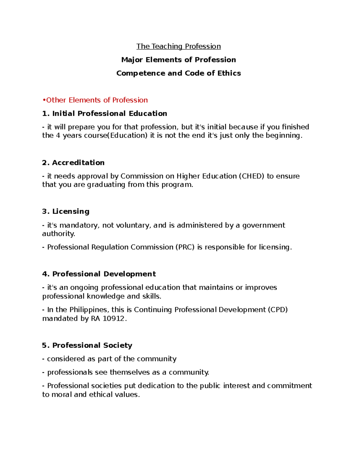 Competence and Code of Ethics - The Teaching Profession Major Elements ...