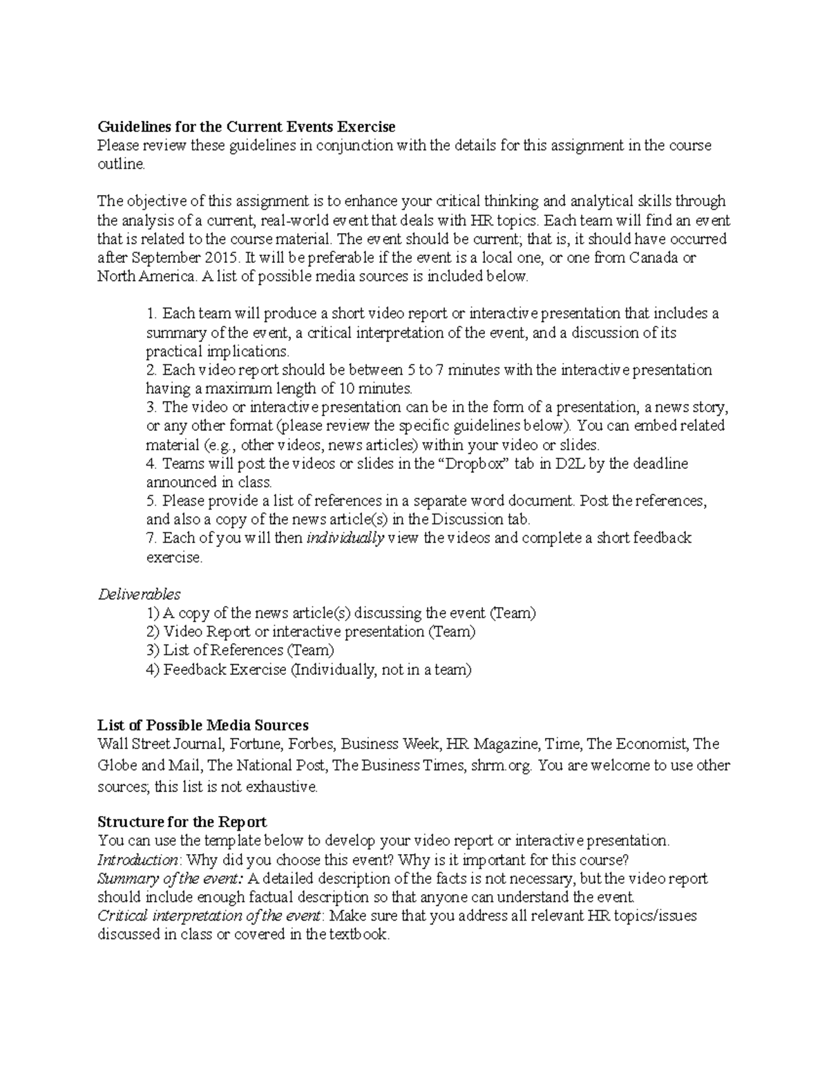 Guidelines for the Current Events Exercise - The objective of this ...