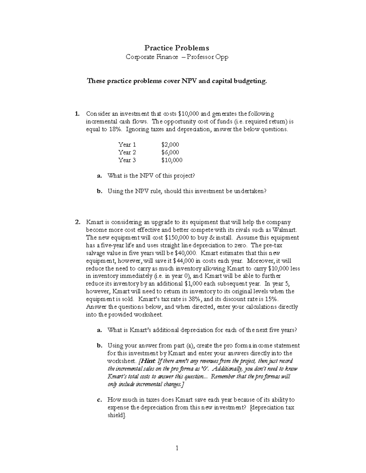 02 - Capital Budgeting [Questions] - 1 Practice Problems Corporate ...