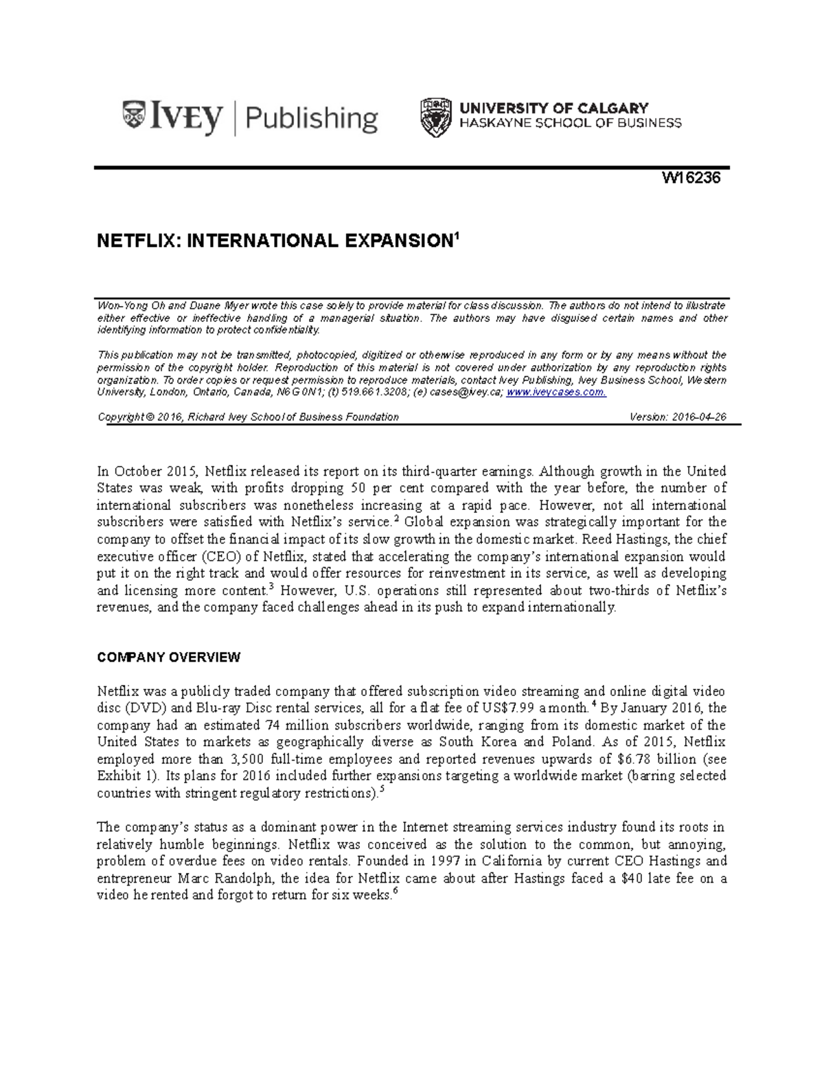 Netflix Note W NETFLIX INTERNATIONAL EXPANSION 1 WonYong Oh and