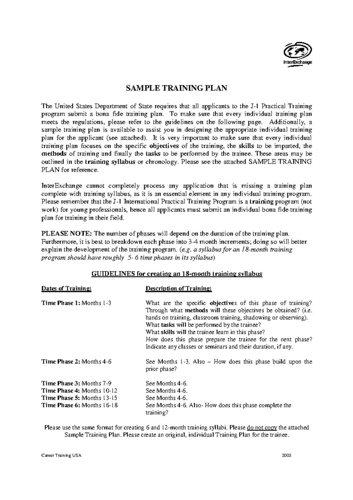Sample-training-plan - SAMPLE TRAINING PLAN The United States ...