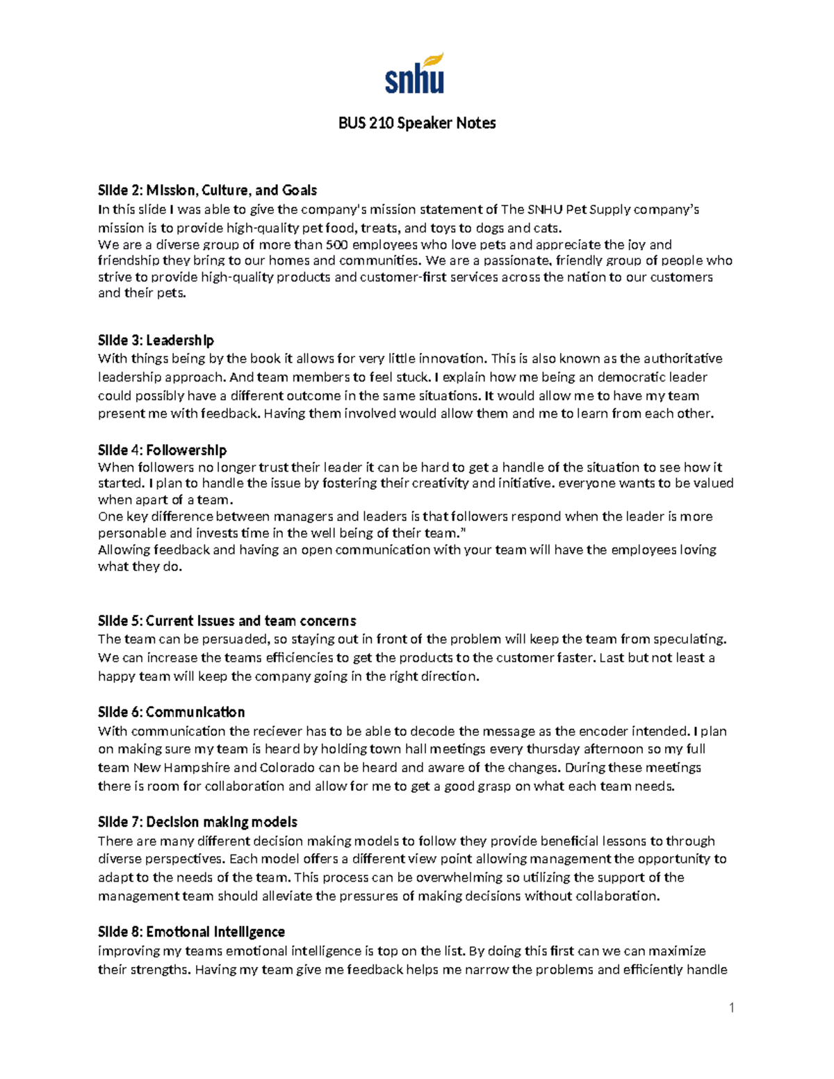 BUS 210 Speaker Notes - BUS 210 Speaker Notes Slide 2: Mission, Culture ...