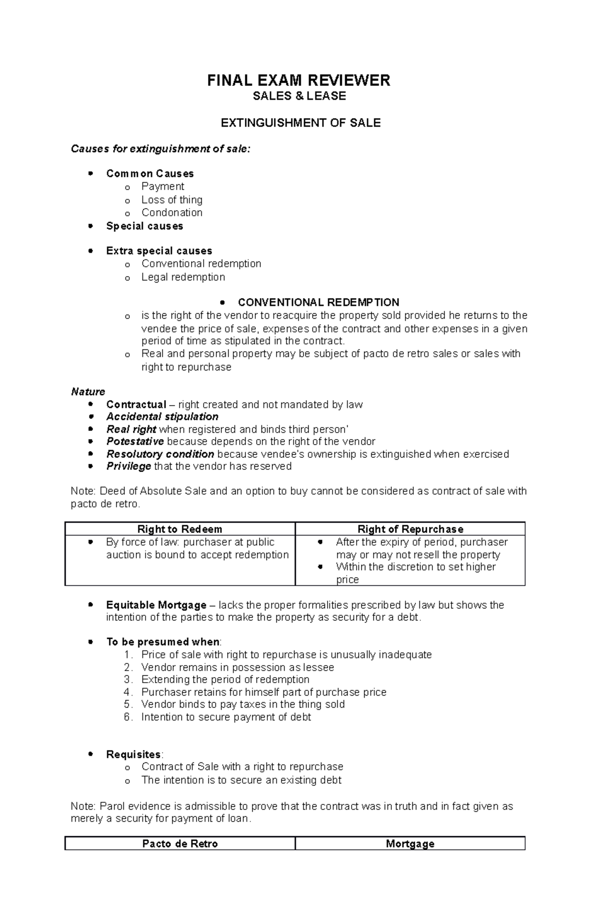 Extinguishment-OF-SALE under obligation and contracts - FINAL EXAM REVIEWER  SALES &amp; LEASE - Studocu
