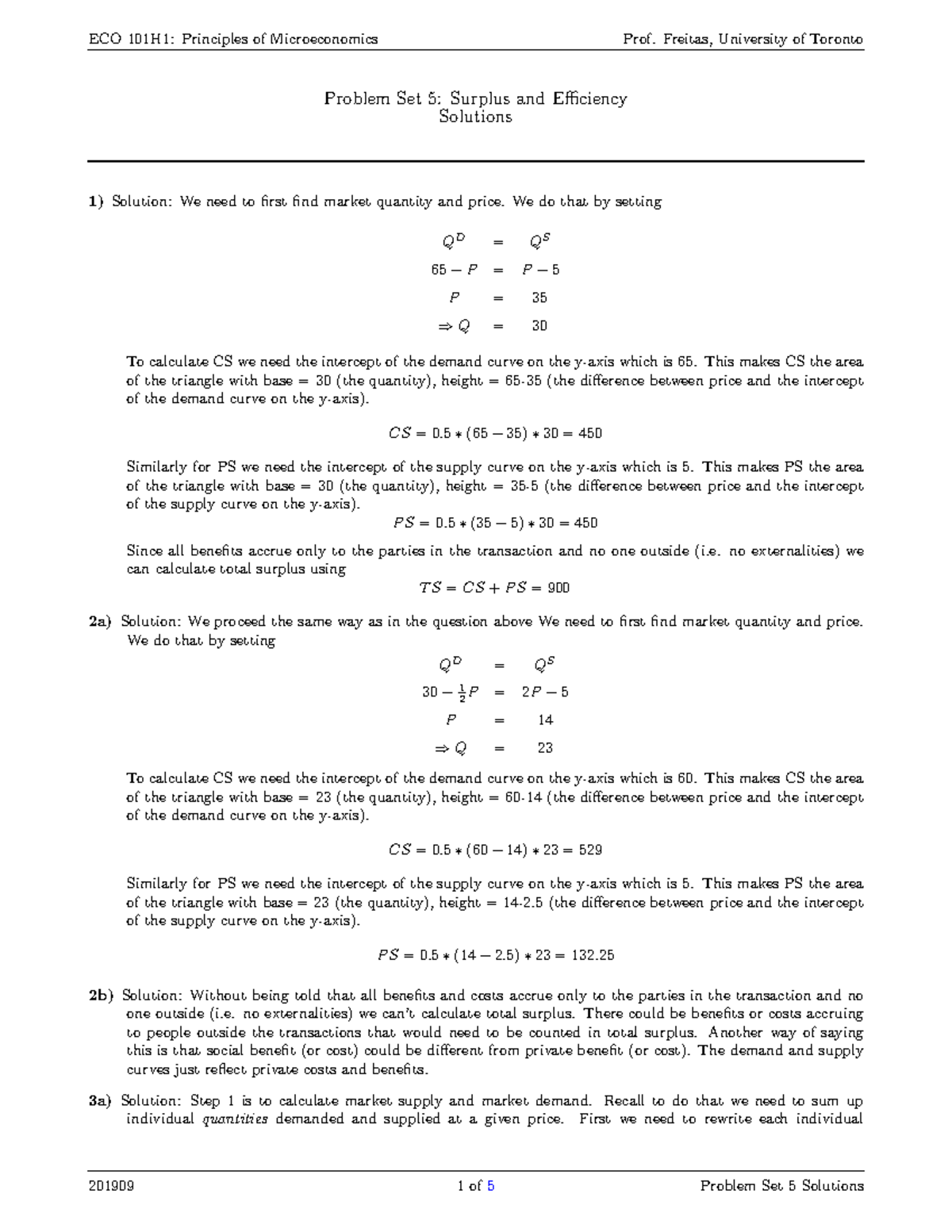 ECO101 Problem Set 5 Solutions Surplus And Efficiency - Problem Set 5 ...