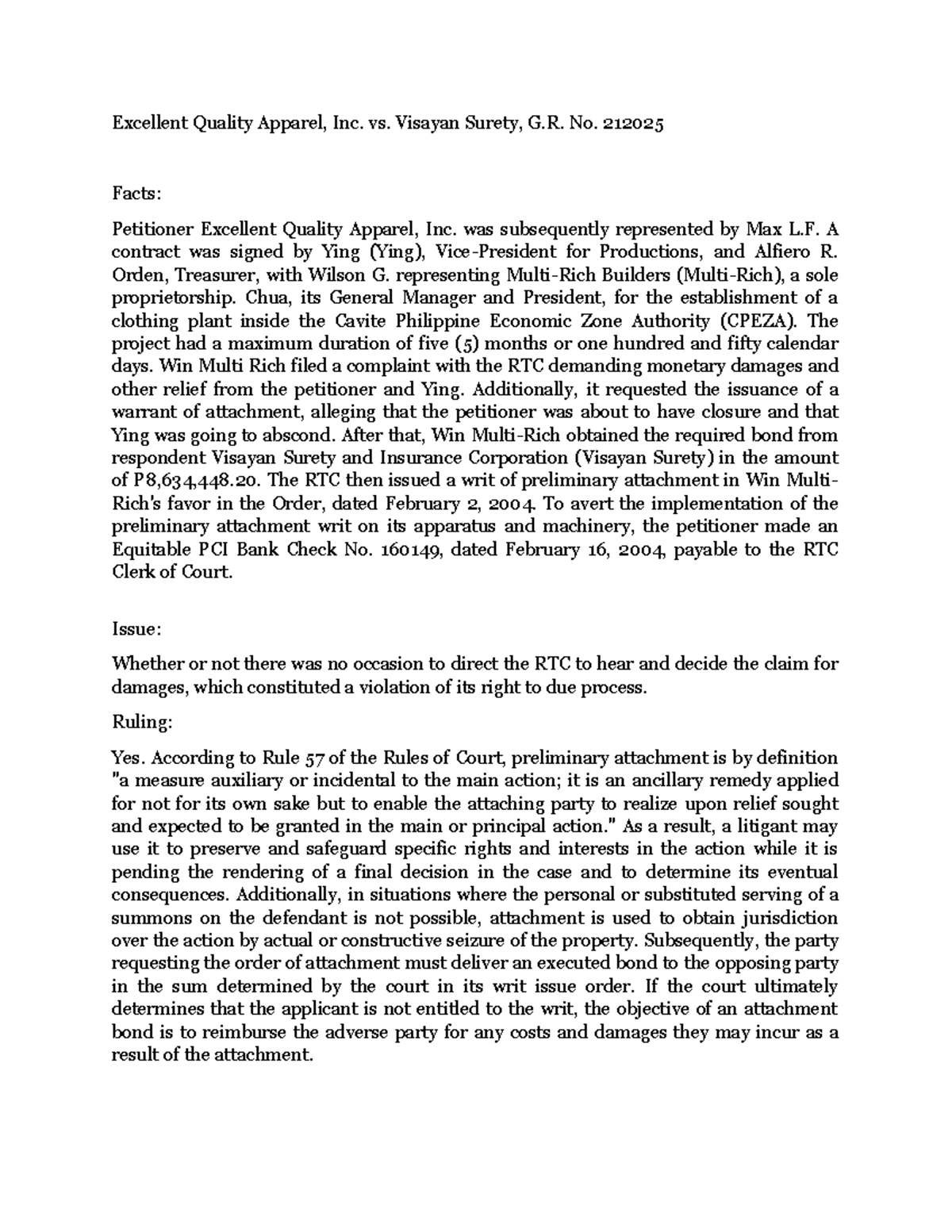 Indigenous People Excellent Quality Apparel, Inc. vs. Visayan Surety