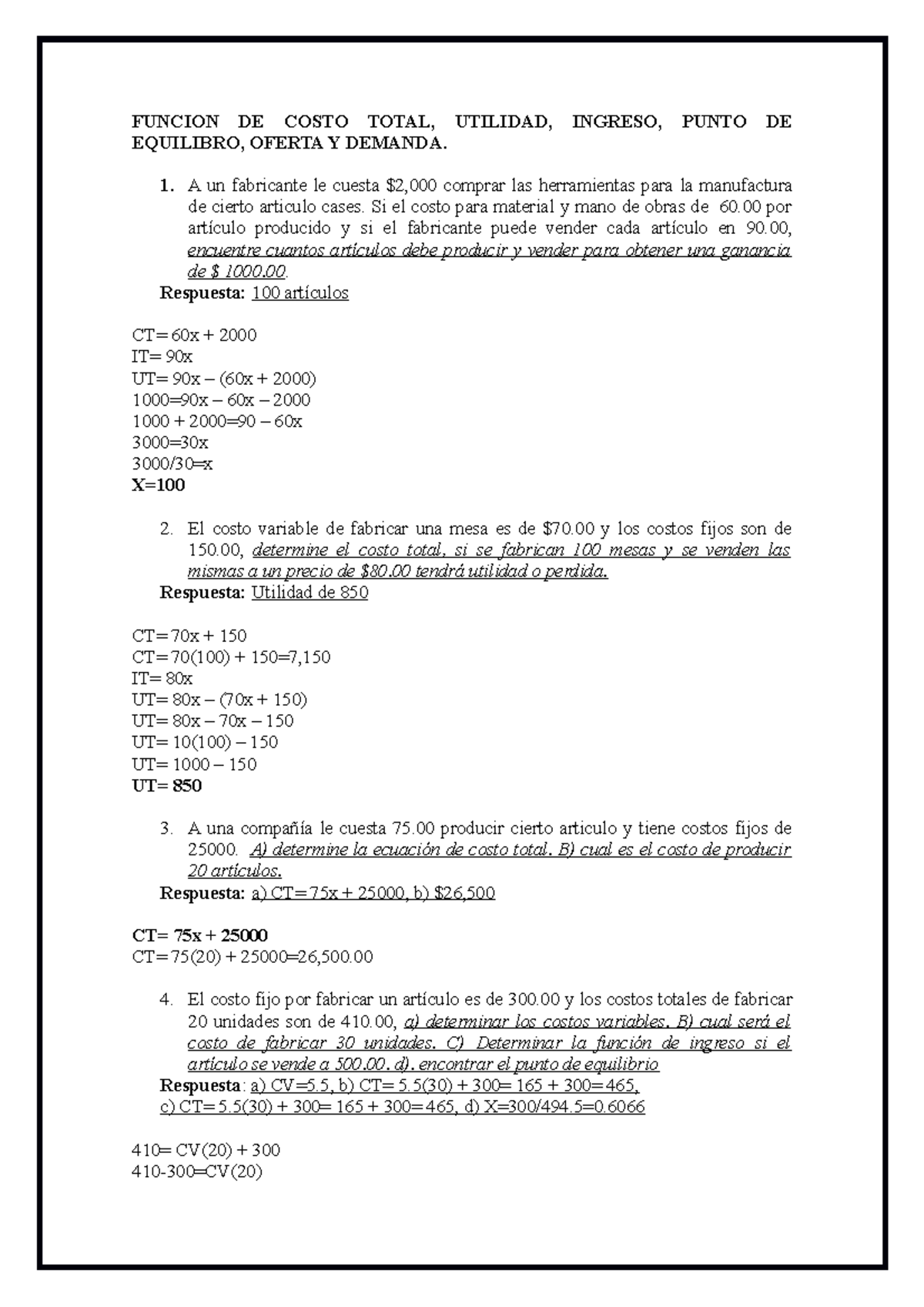 Ejercicios De Funciones De Costo Ingreso Punto De Equilibrio - FUNCION ...