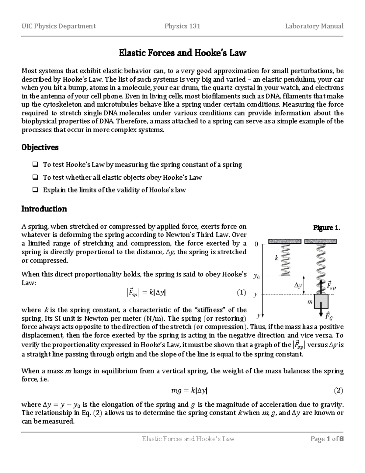 Lab Manual - Elastic Forces and Hooke's Law - Elastic Forces and Hooke ...