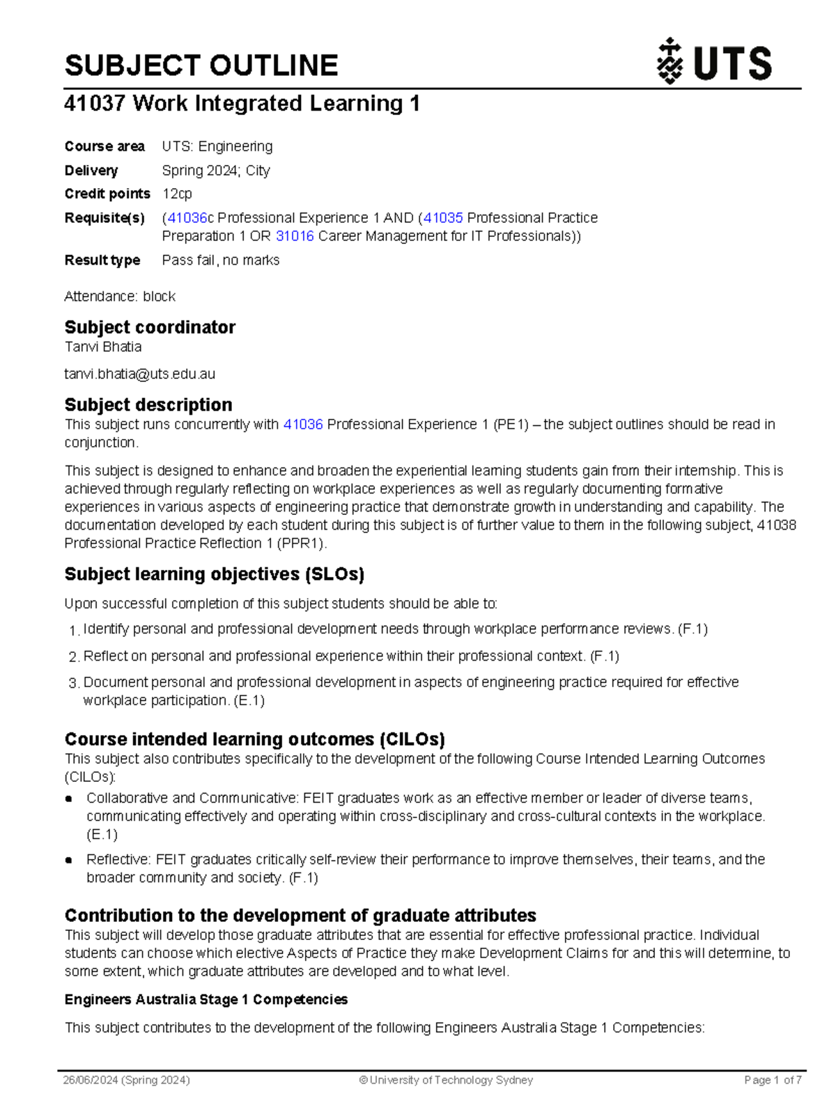 41037 - Work Integrated Learning - Subject Outline - SUBJECT OUTLINE ...