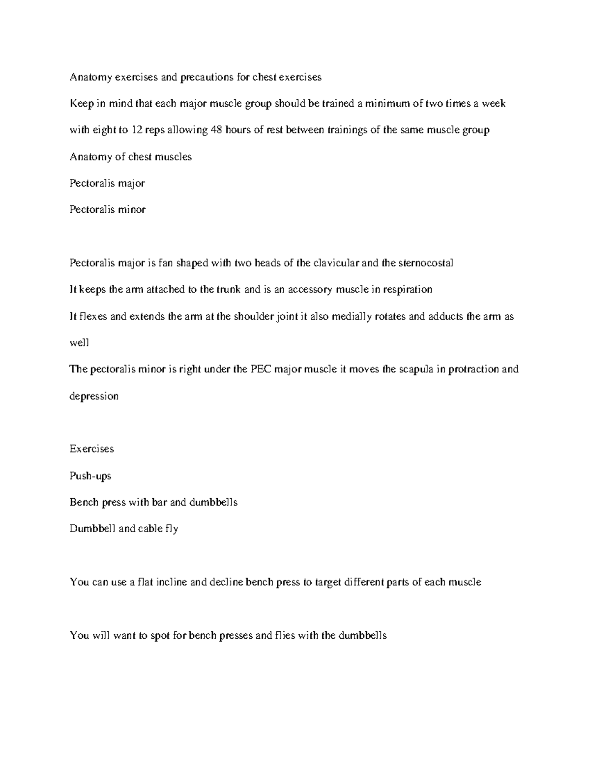 Chest rt notes Anatomy exercises and precautions for chest exercises