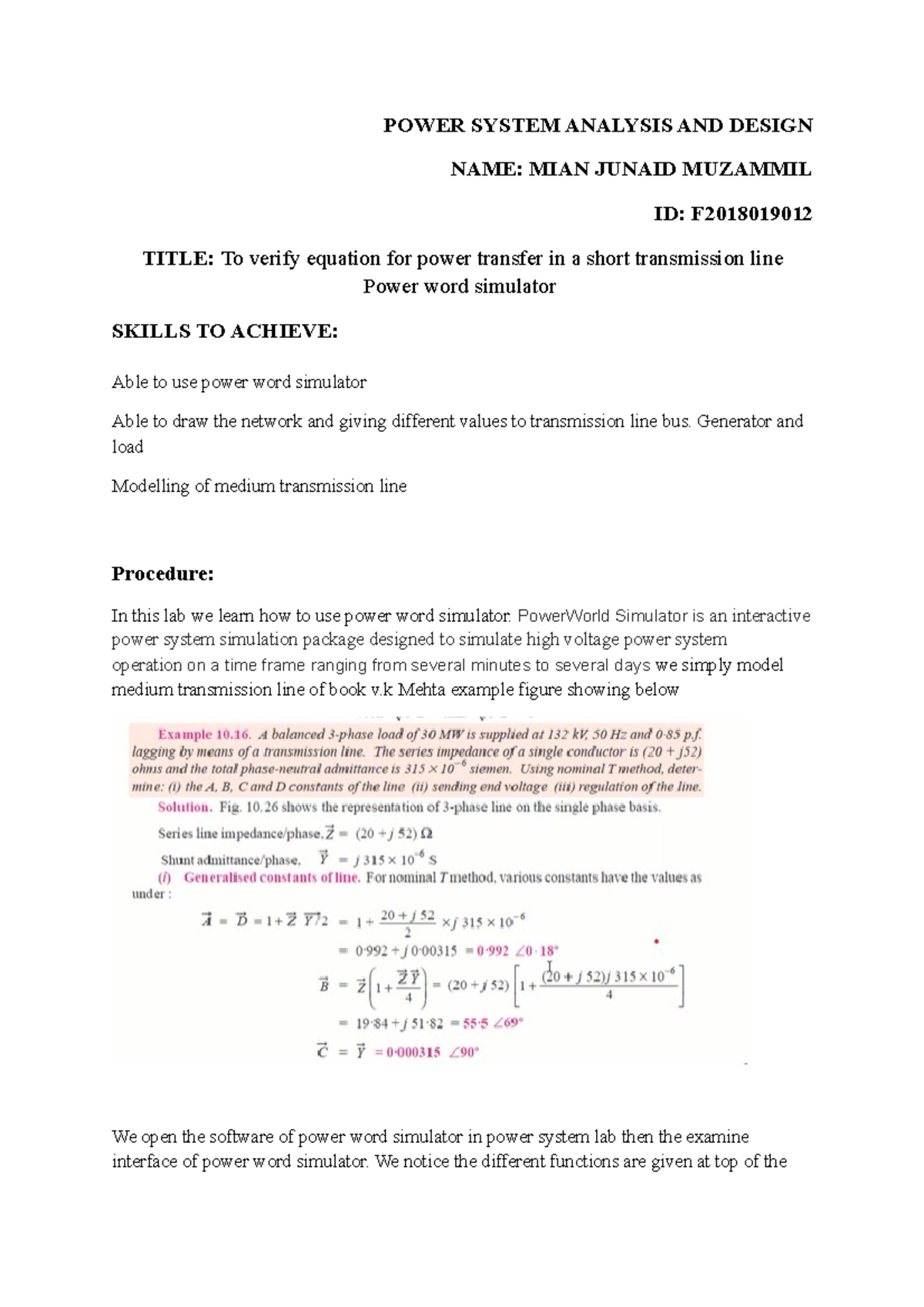 Power System Analysis Lab Lecture Notes Power System Analysis And Design Name Mian Junaid Power System Analysis Lab Lecture Notes Power System Analysis And Design Name Mian Junaid