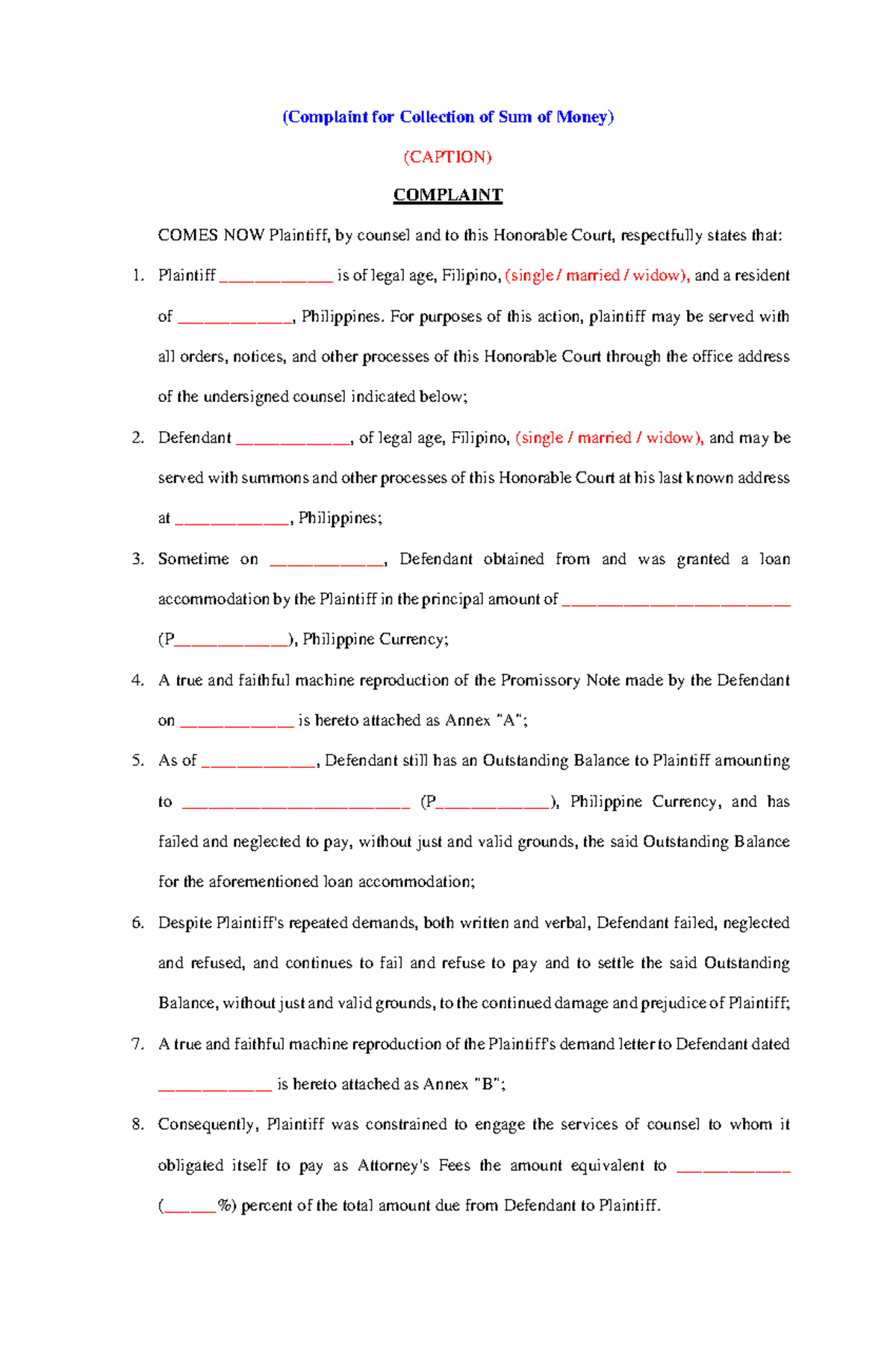 Complaint - Civil - (Complaint for Collection of Sum of Money) (CAPTION ...