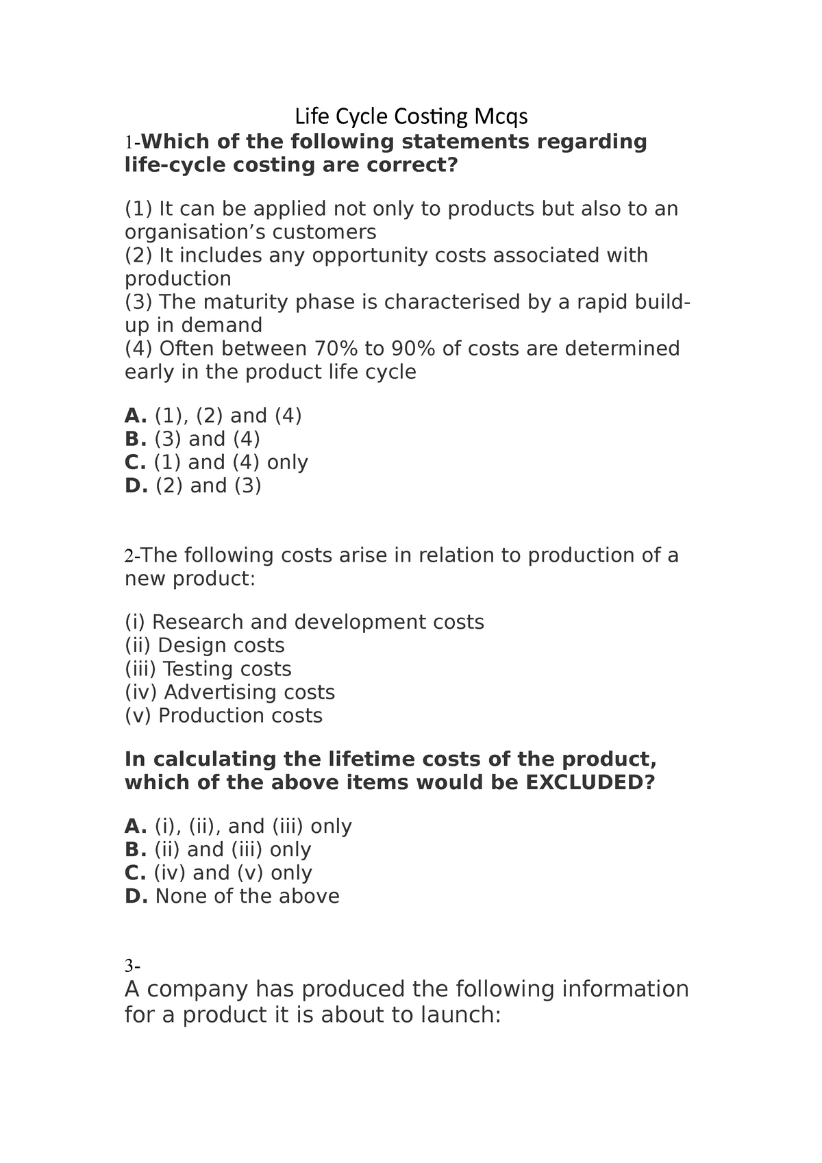 Product Life Cycle Costing Multiple Choice Questions Life Cycle 