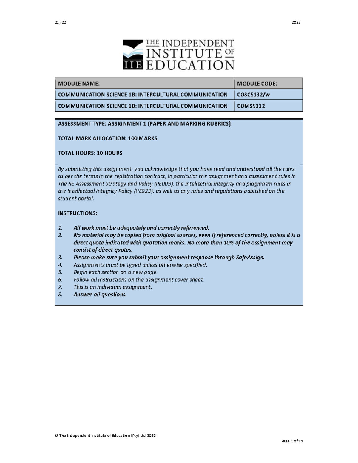 COSC5132 Assignment 1 - © The Independent Institute of Education (Pty ...