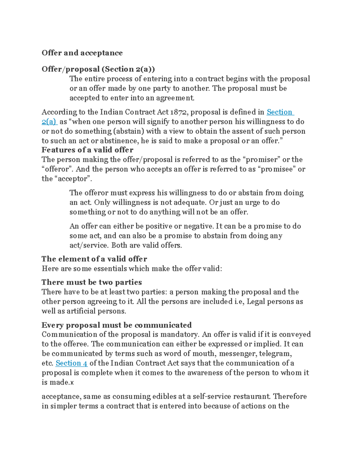 Offer - Its a lecture note - Offer and acceptance Offer/proposal ...