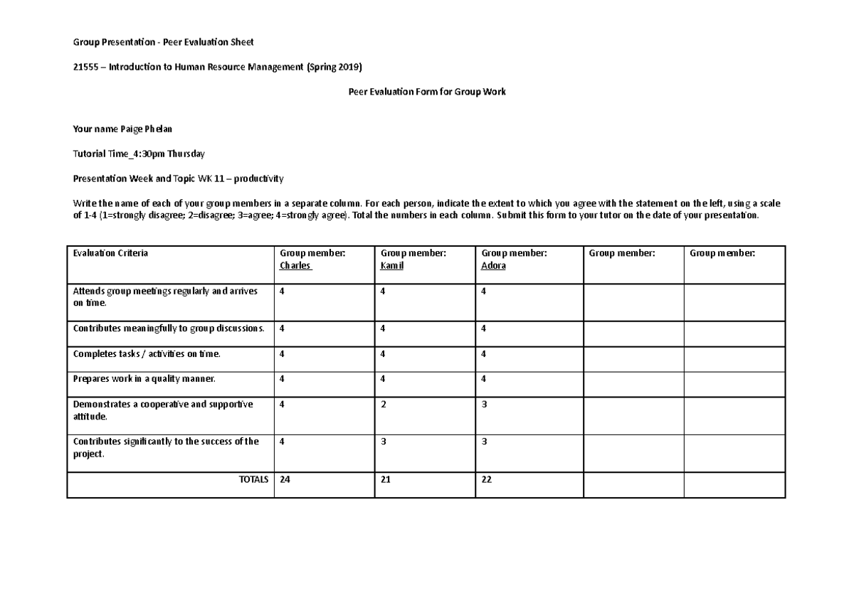 Peer Evaluation Form - Group Presentation - Peer Evaluation Sheet 21555 ...