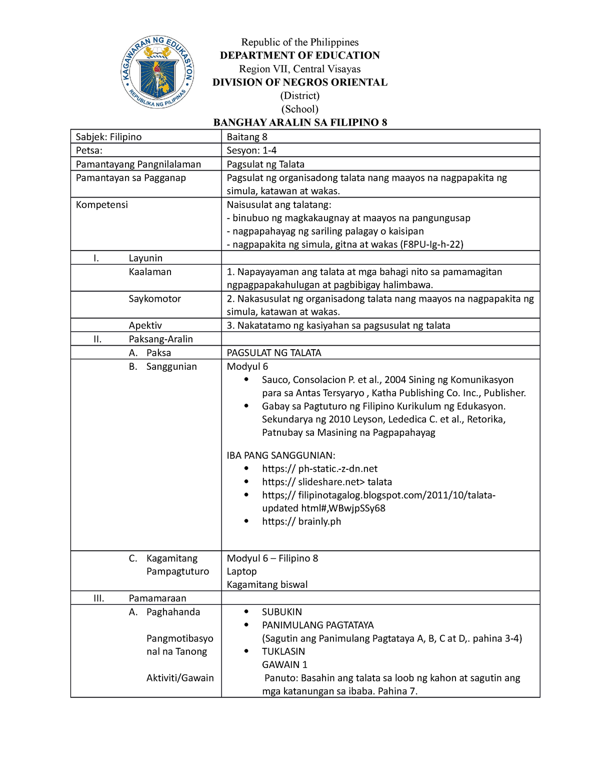 Lesson PLAN Filipino - Pagsulat Ng Talata - Republic Of The Philippines ...