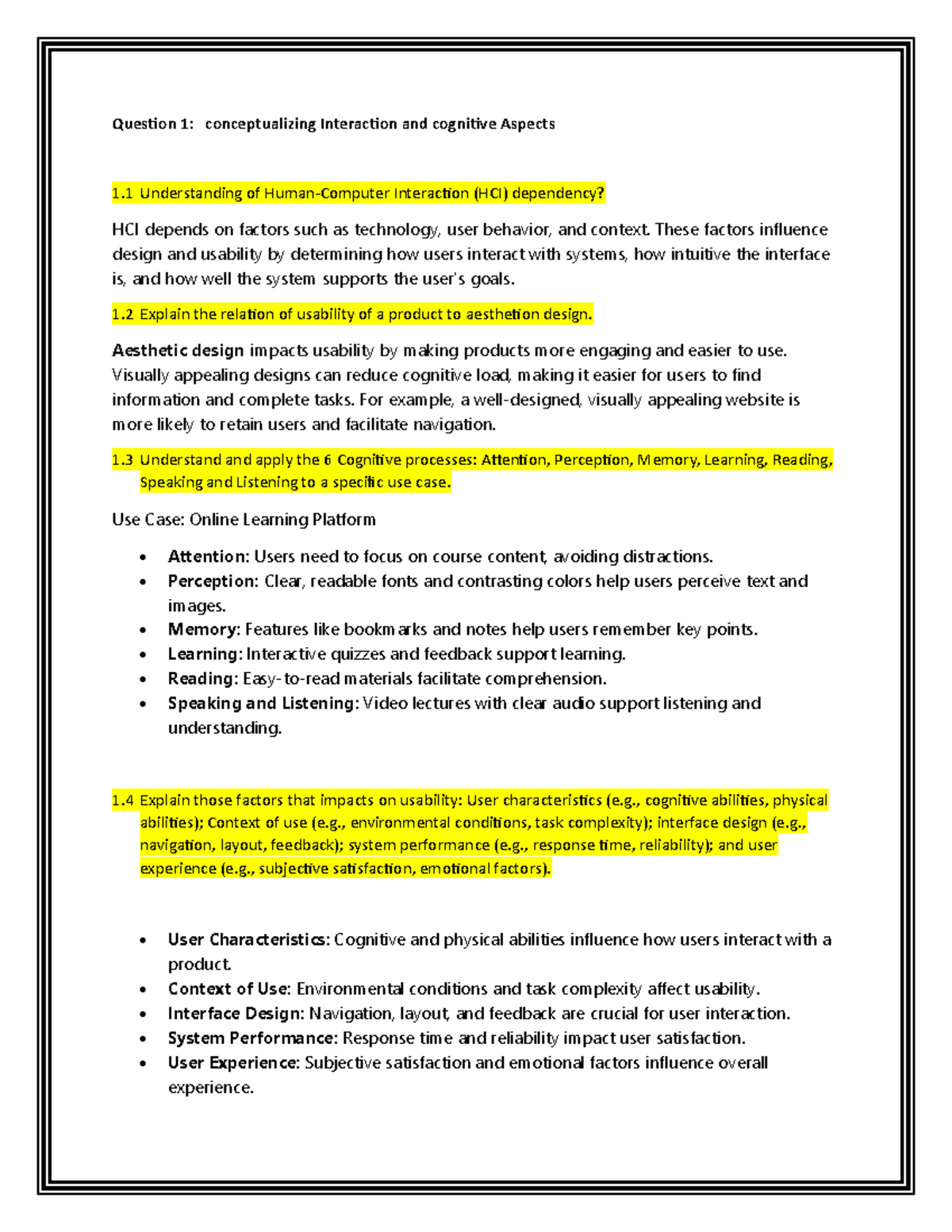 HCI - Question 1: conceptualizing Interaction and cognitive Aspects 1 ...