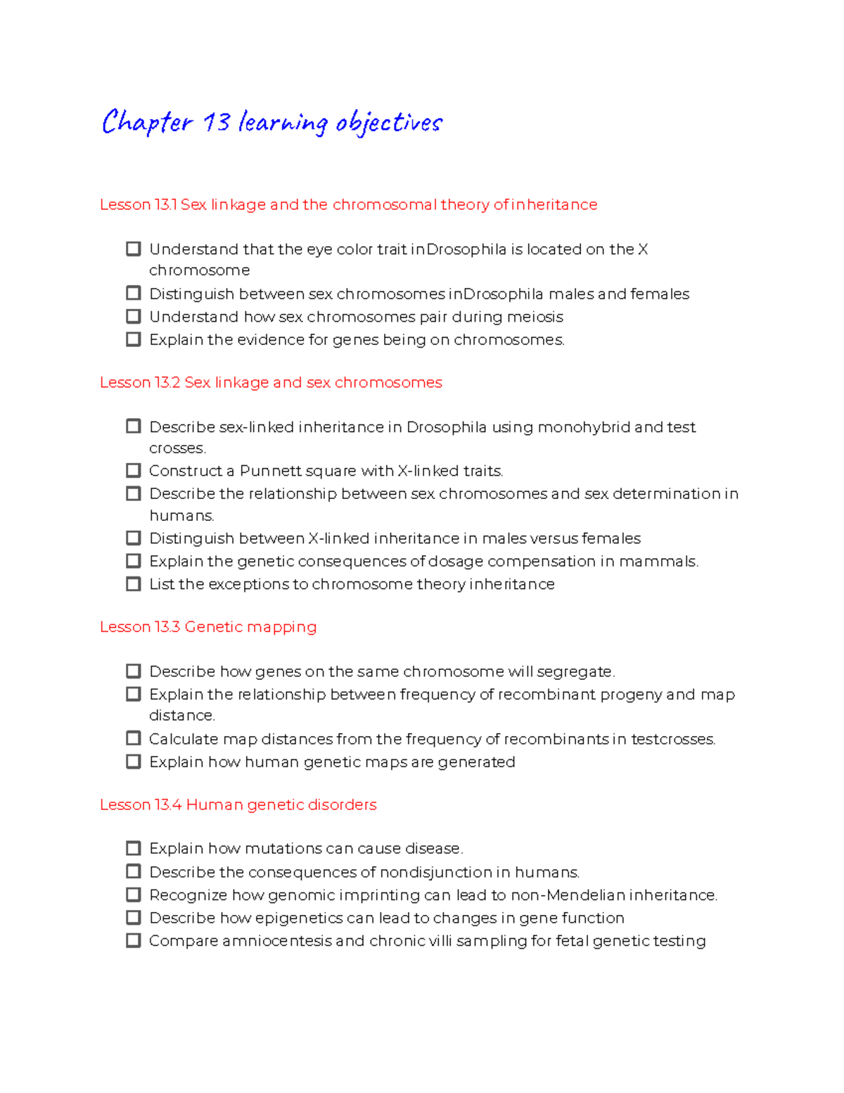 Chapter 13 Learning Objectives Char 13 Len Obte Lesson 13 Sex Linkage And The Chromosomal 5823