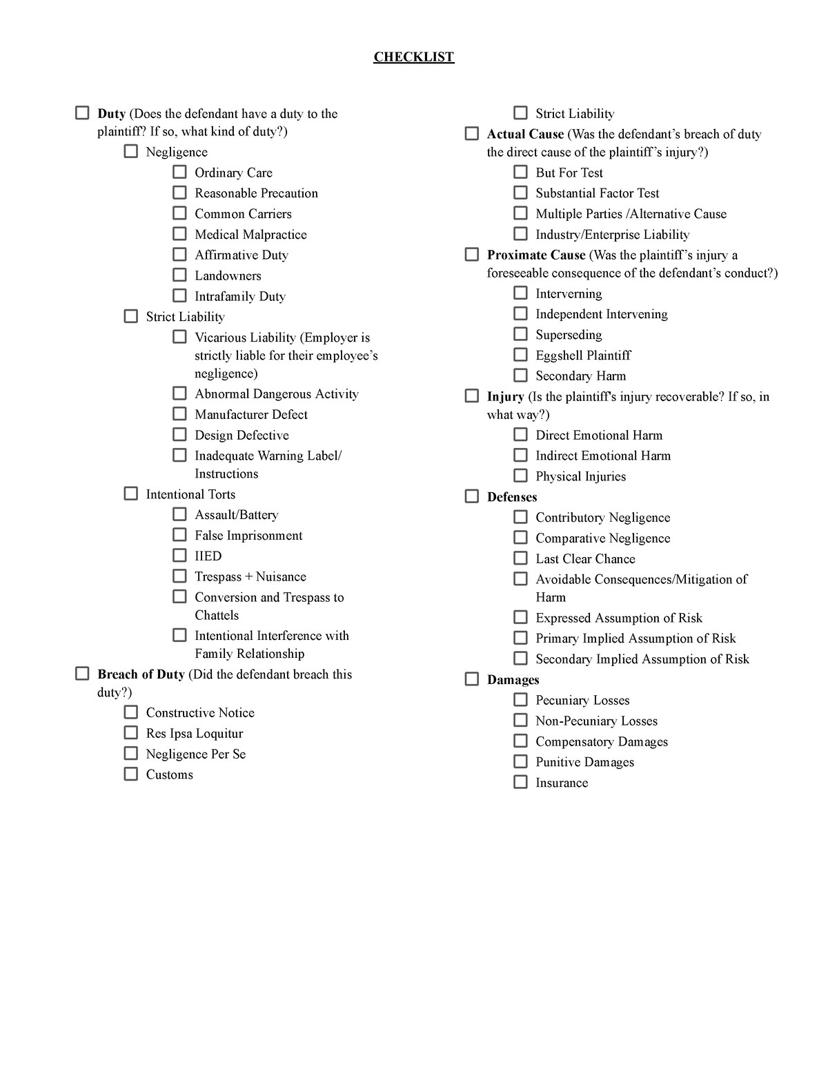 Torts Attack Outline - CHECKLIST Duty (Does the defendant have a duty ...