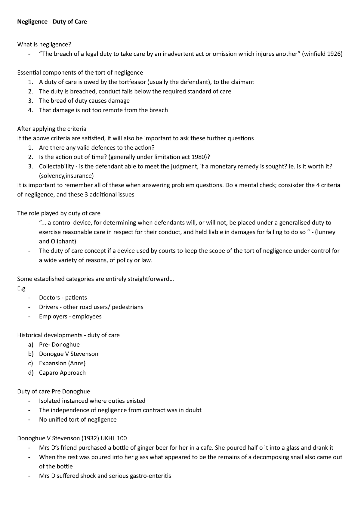 Duty of care - Tort law lecture notes semester 1 19/20 - Negligence ...