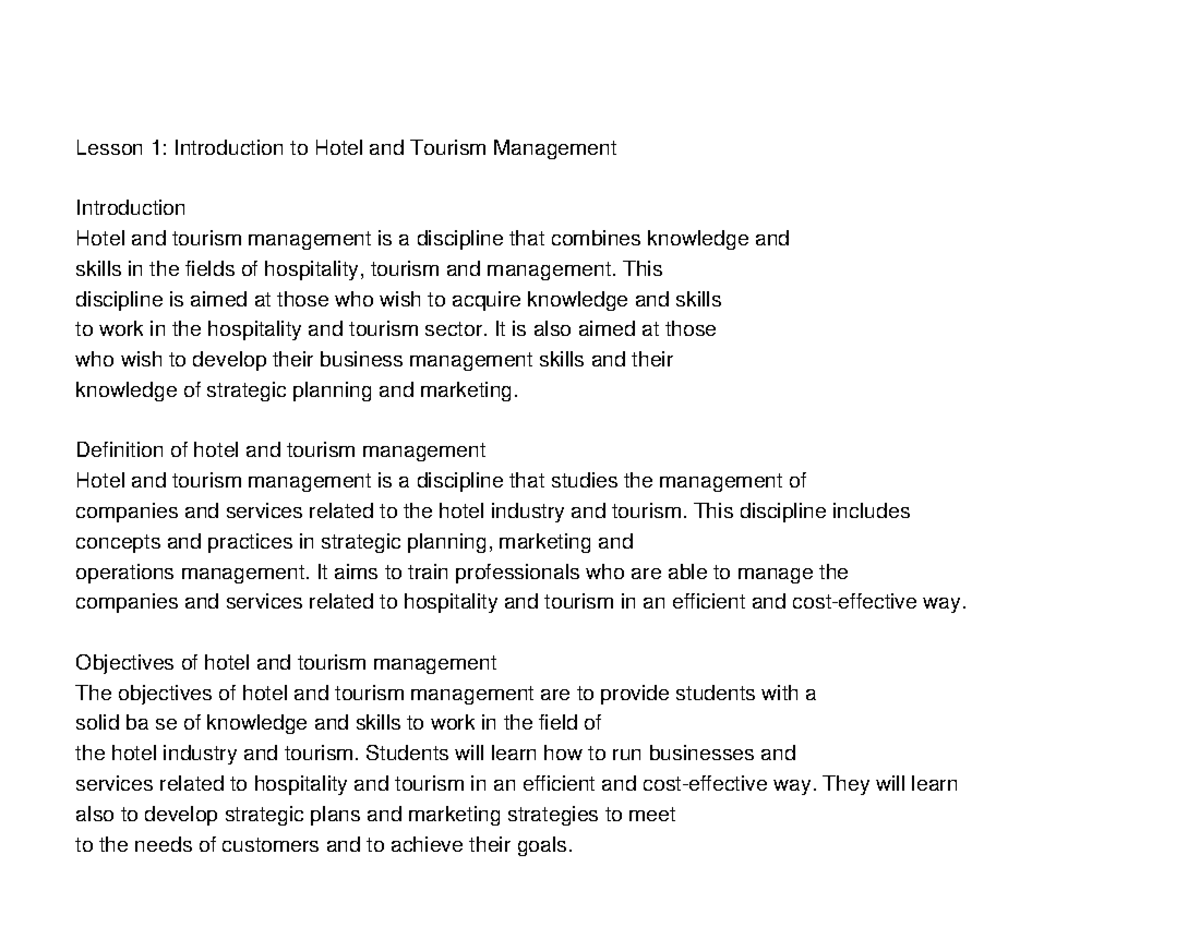 English Hospitality and Tourism Management Study notes - Lesson 1 ...