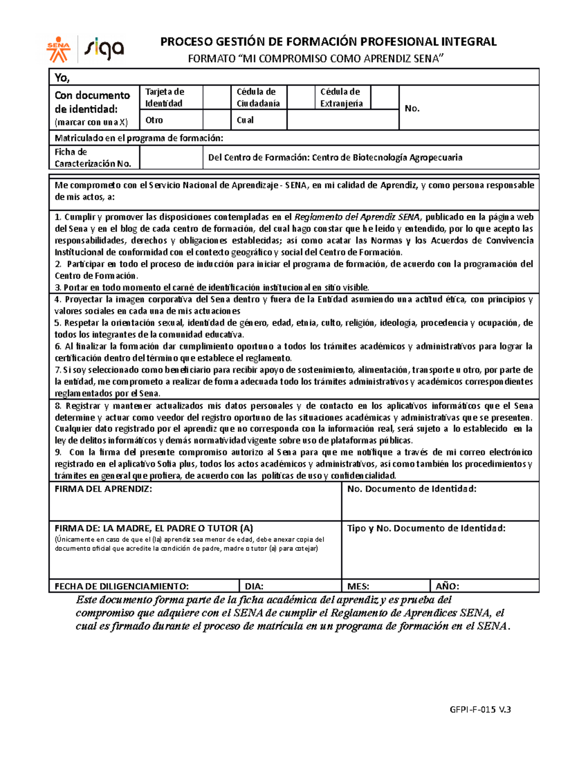 GFPI-F-015 Formato Compromiso Del Aprendiz V2 - PROCESO GESTIÓN DE ...