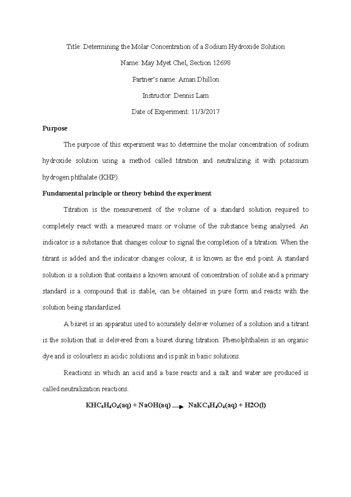 Determining the molar concentratin of a sodium hydroxide solution