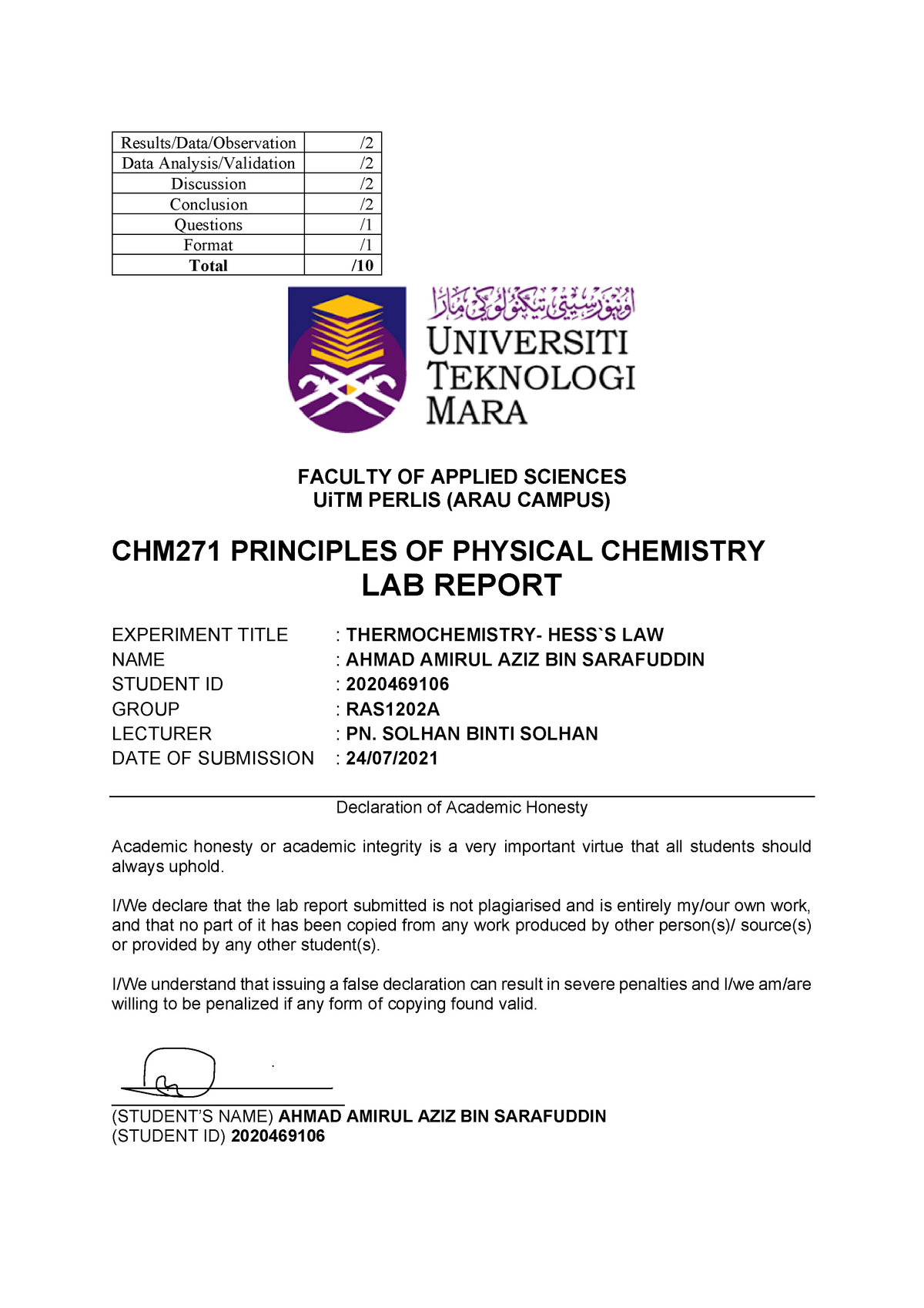 experiment 1 thermochemistry lab report