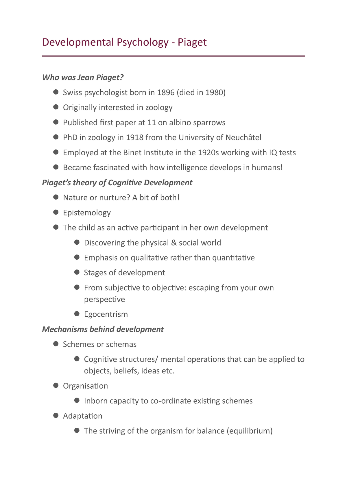 Developmental Psychology Piaget l Organisation l Inborn