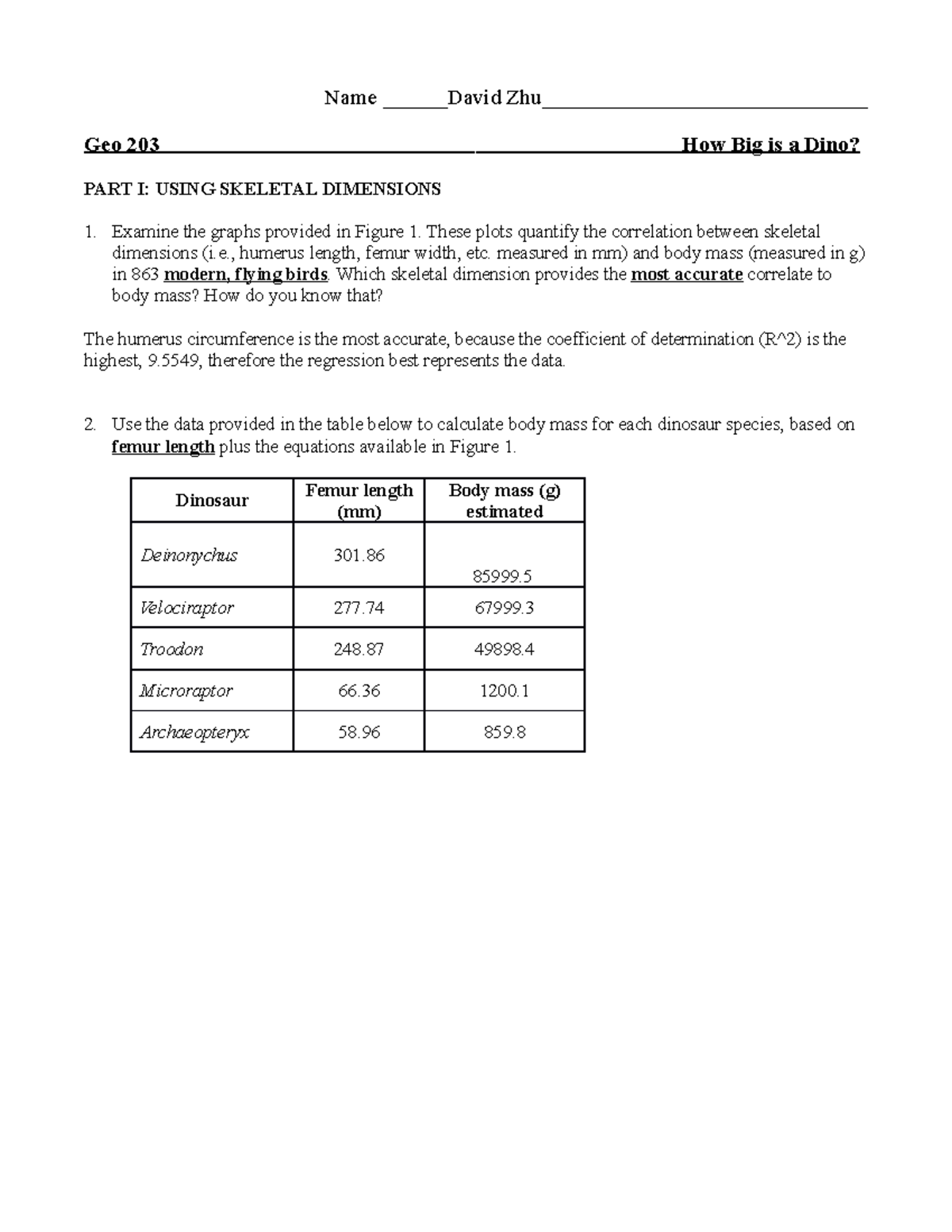 How Big Is A Dinosaur Assignment Name David Zhu 