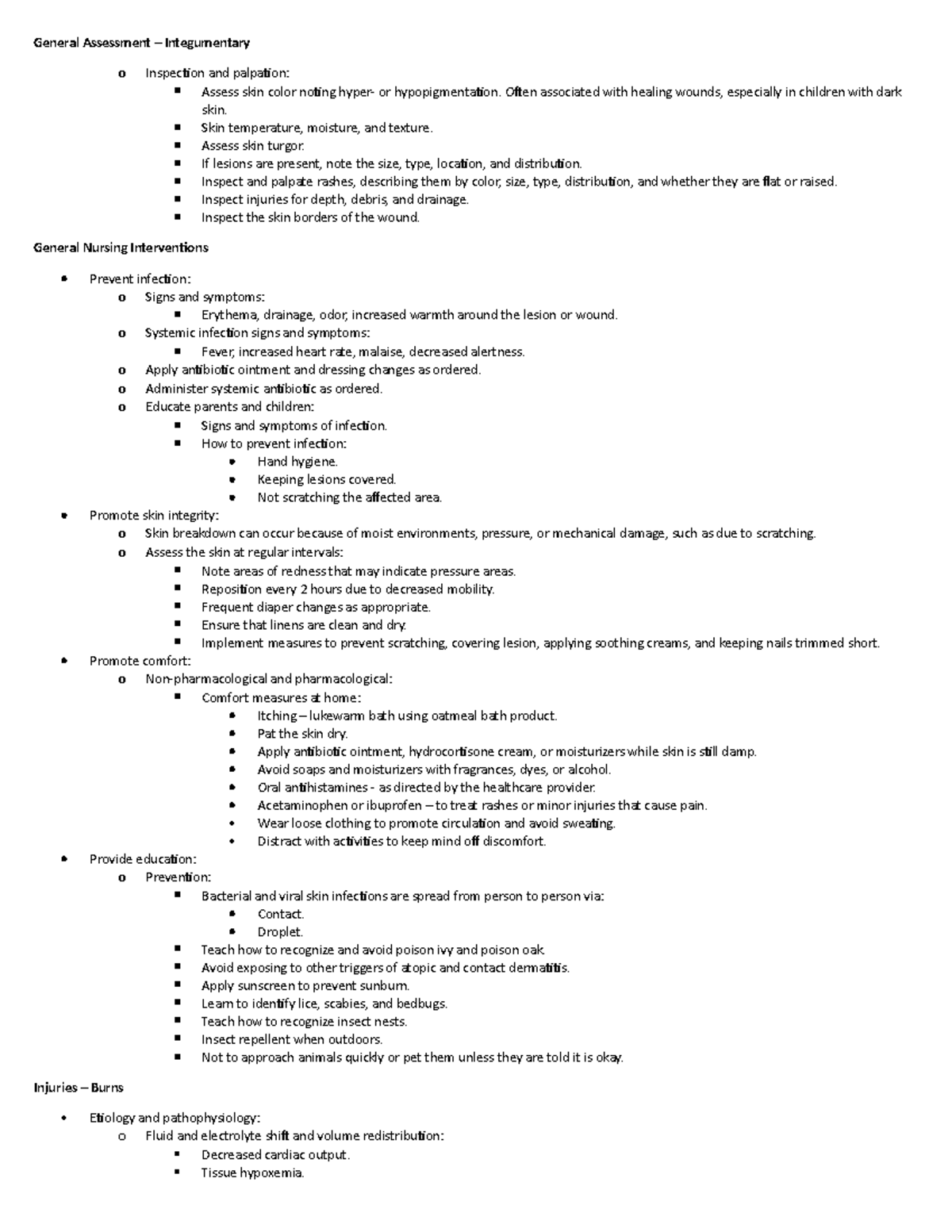 NUR 2510 Unit 7 - notes - General Assessment – Integumentary o ...