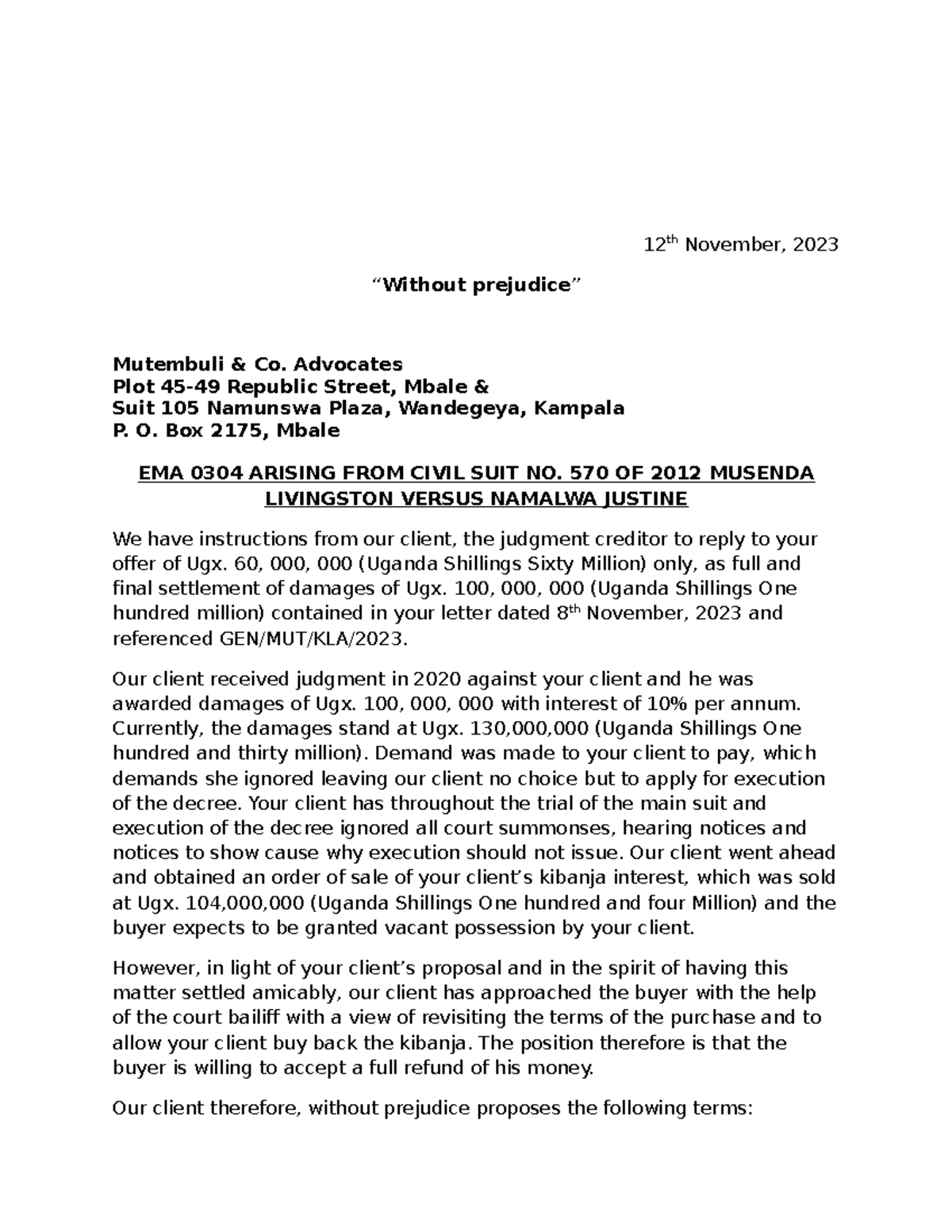 Counter Proposal 092055 - 12 th November, 2023 “Without prejudice ...