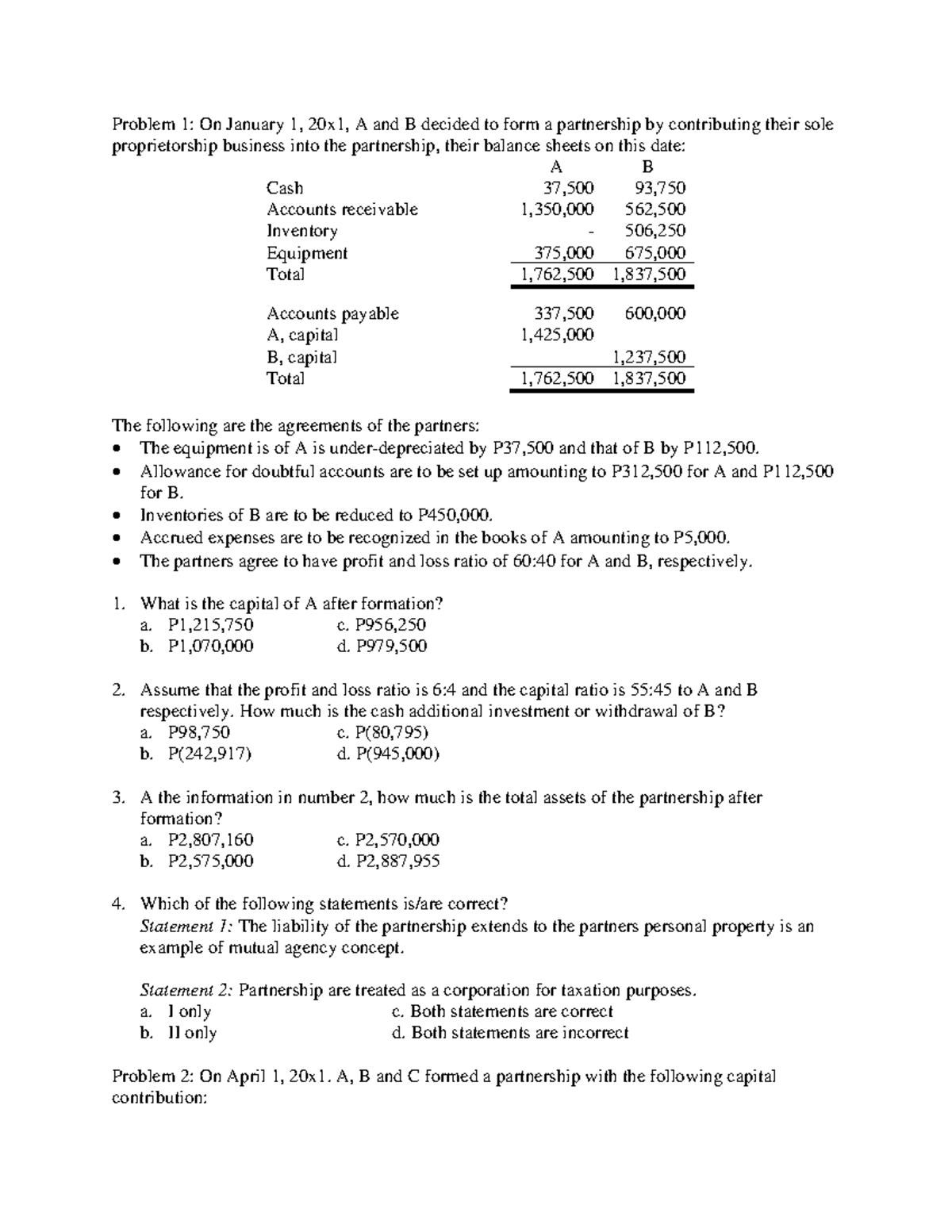 AFAR FPB without Answer Keys - Problem 1: On January 1, 20x1, A and B ...