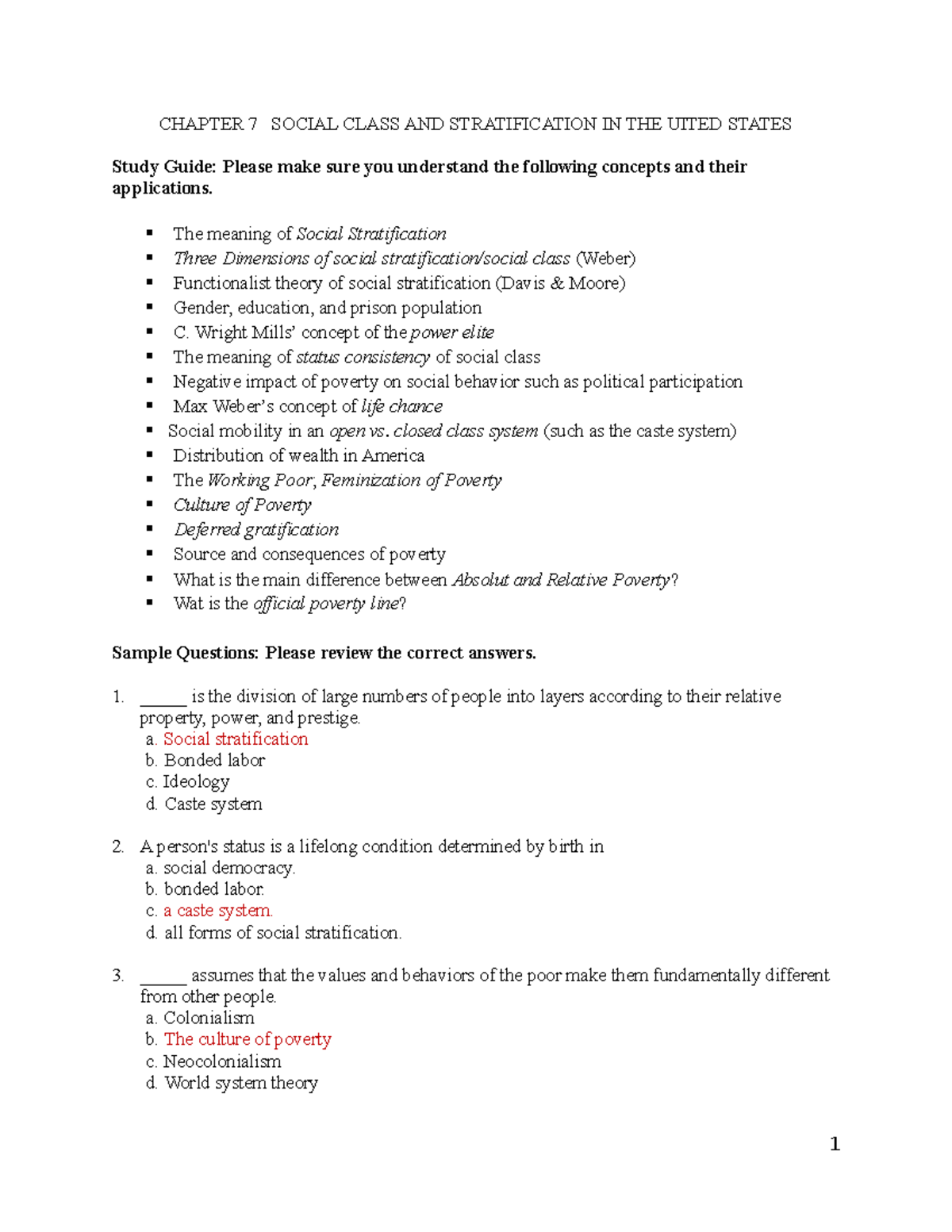 Chapter 7 study guide CHAPTER 7 SOCIAL CLASS AND STRATIFICATION IN