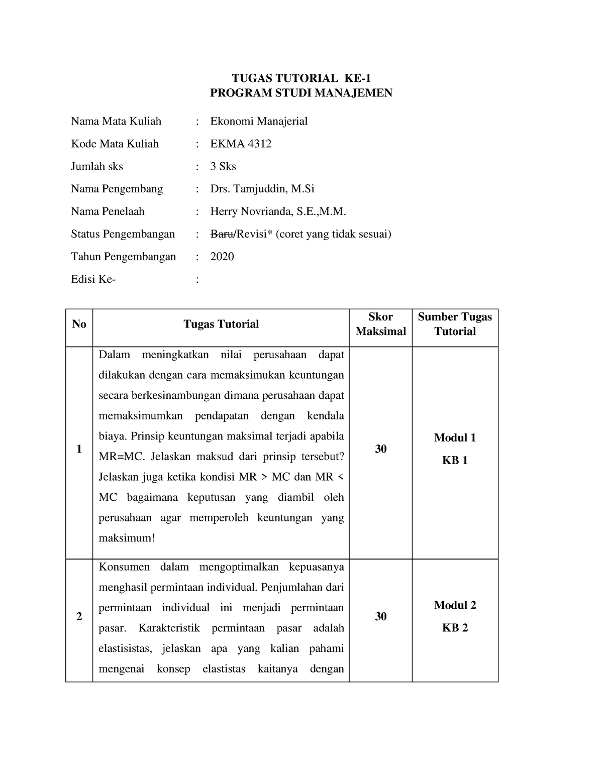 Tugas 1 - Ekonomi Manajerial - TUGAS TUTORIAL KE- PROGRAM STUDI ...