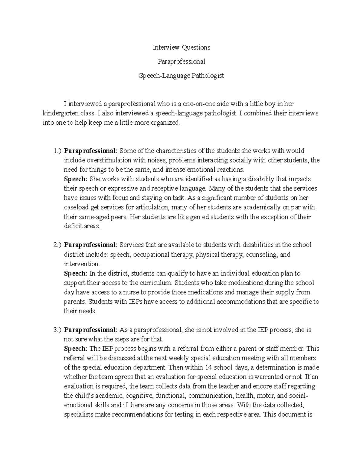 Field Experience A Interview Questions Paraprofessional Speech